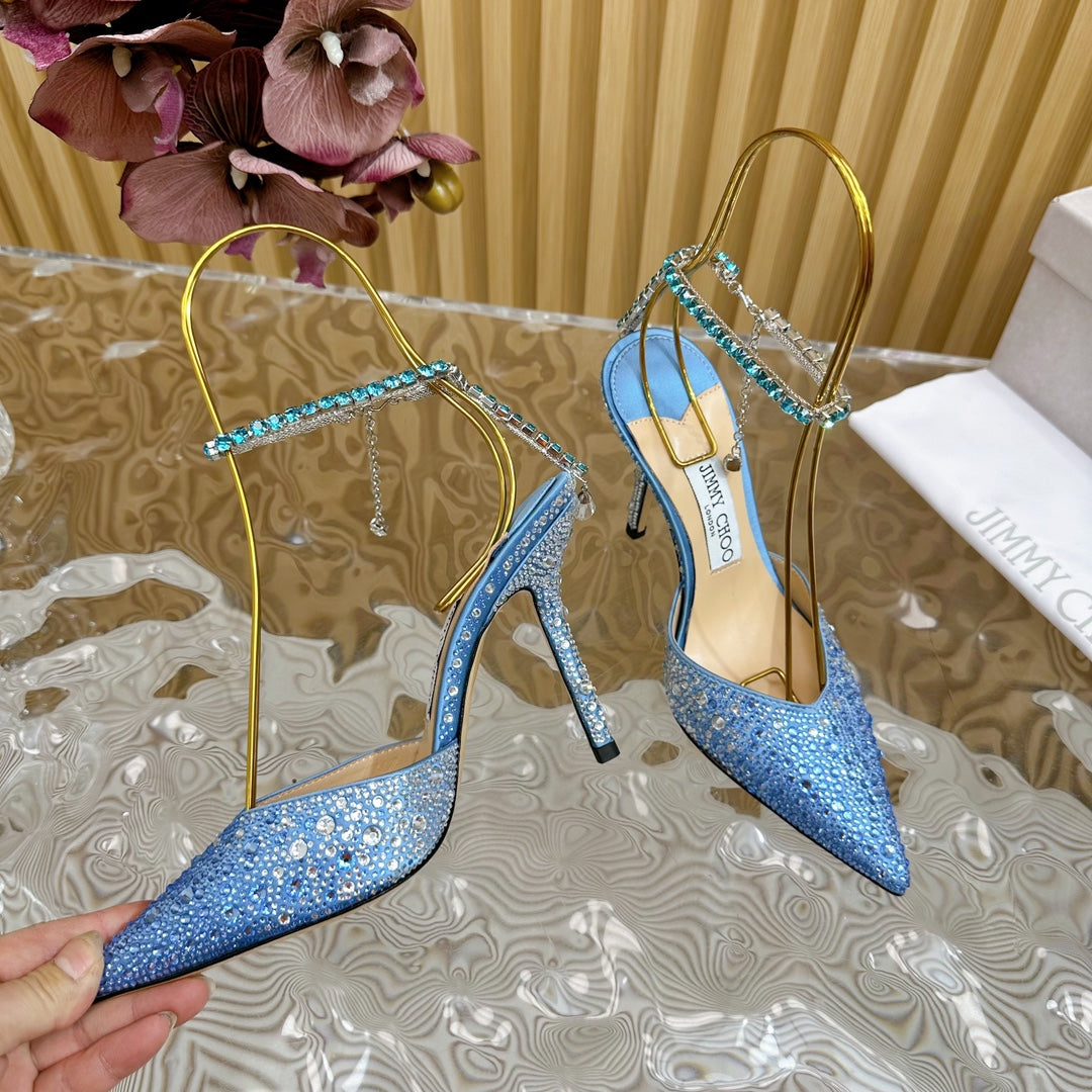 Jimmy Saeda 100mm In Blue Satin Pumps With Crystal Embellishment 641068