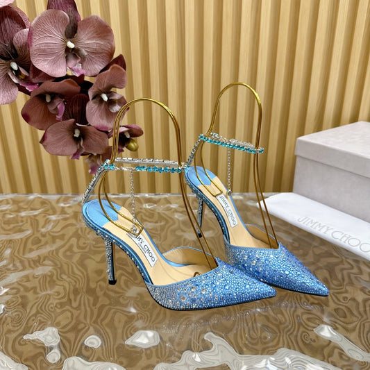 Jimmy Saeda 100mm In Blue Satin Pumps With Crystal Embellishment 641068