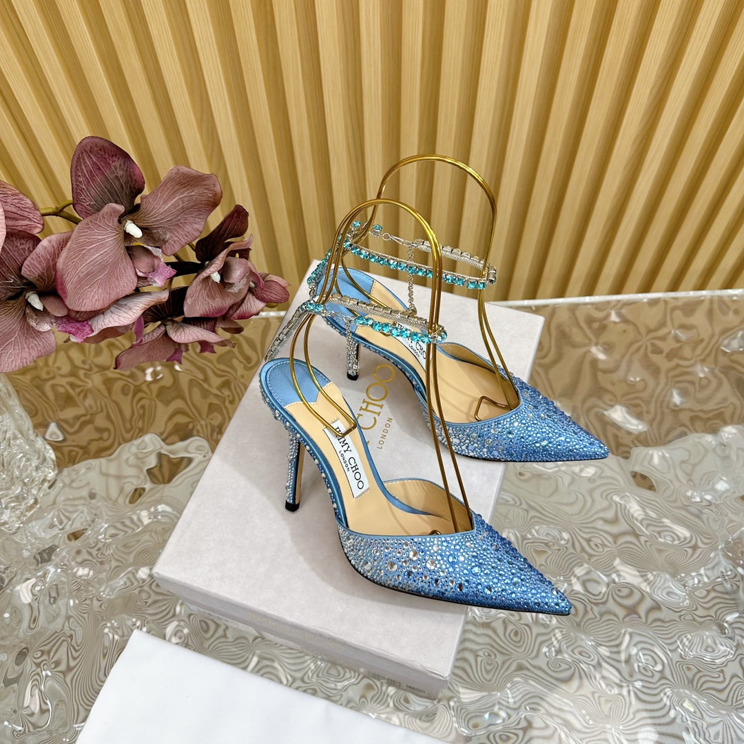 Jimmy Saeda 100mm In Blue Satin Pumps With Crystal Embellishment 641068