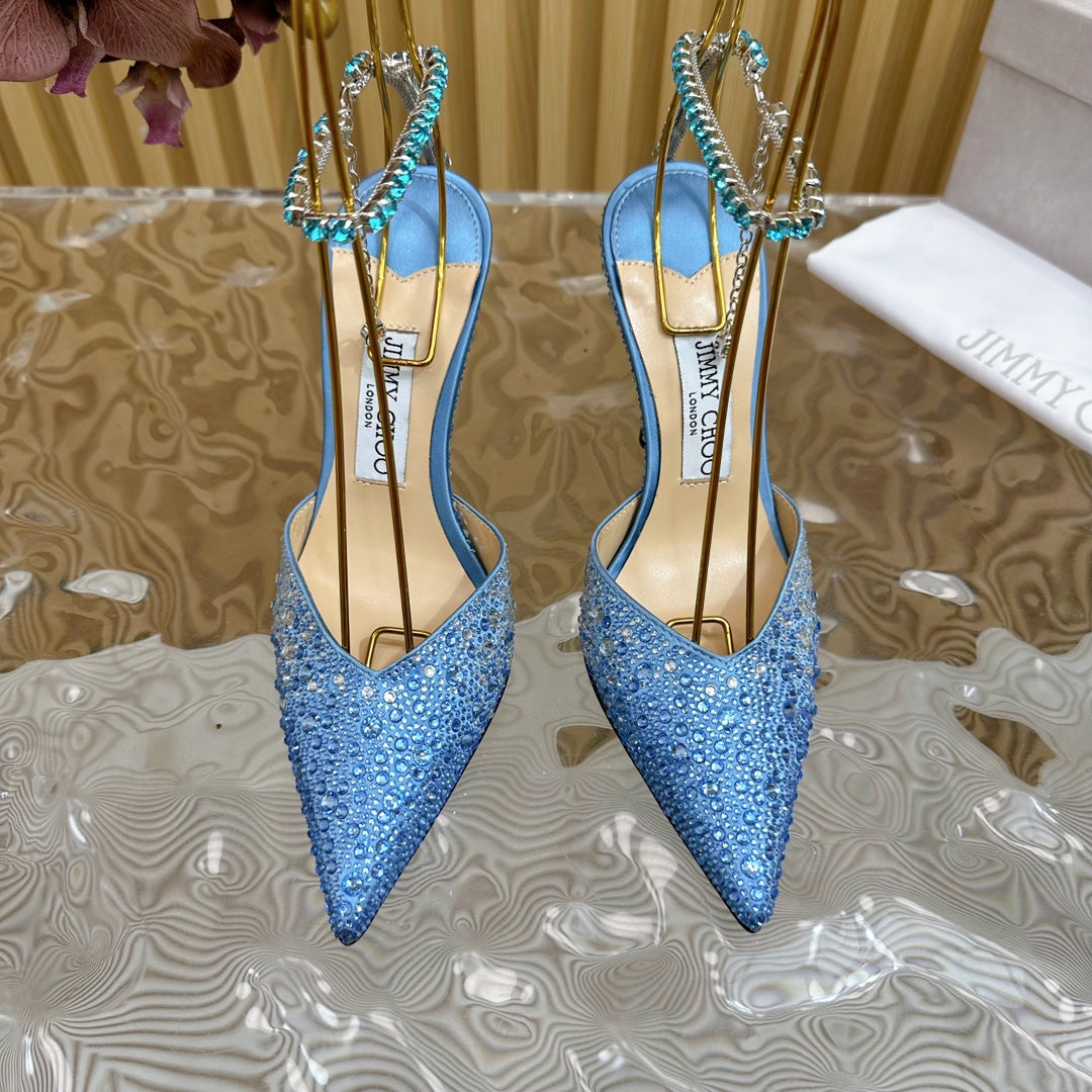 Jimmy Saeda 100mm In Blue Satin Pumps With Crystal Embellishment 641068