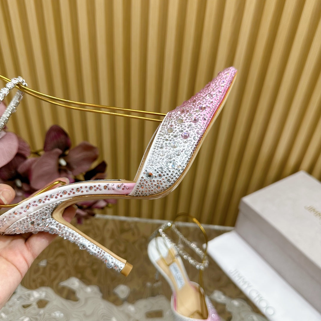 Jimmy Saeda 100mm In Light Pink Satin Pumps With Crystal Embellishment 641072