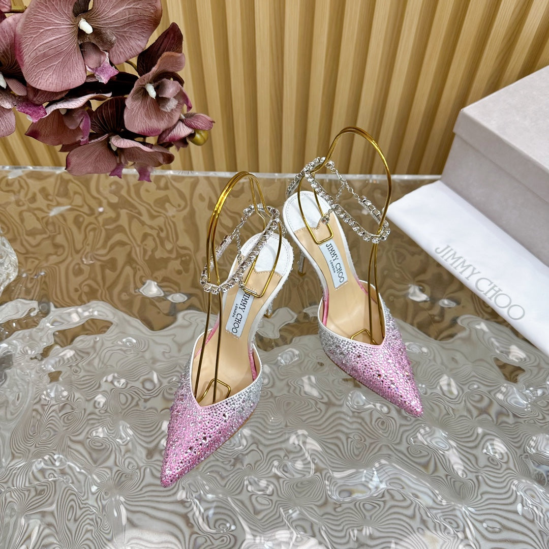 Jimmy Saeda 100mm In Light Pink Satin Pumps With Crystal Embellishment 641072