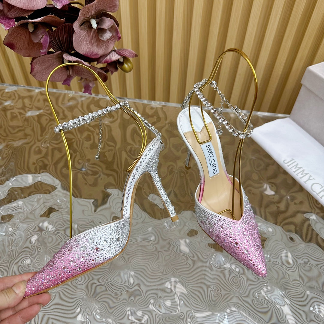 Jimmy Saeda 100mm In Light Pink Satin Pumps With Crystal Embellishment 641072