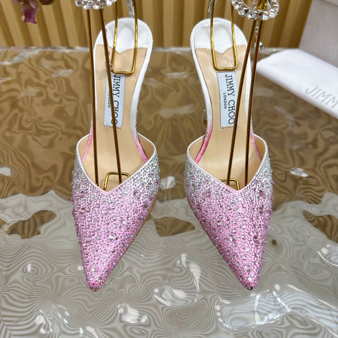 Jimmy Saeda 100mm In Light Pink Satin Pumps With Crystal Embellishment 641072