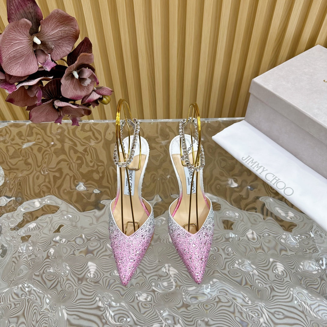 Jimmy Saeda 100mm In Light Pink Satin Pumps With Crystal Embellishment 641072