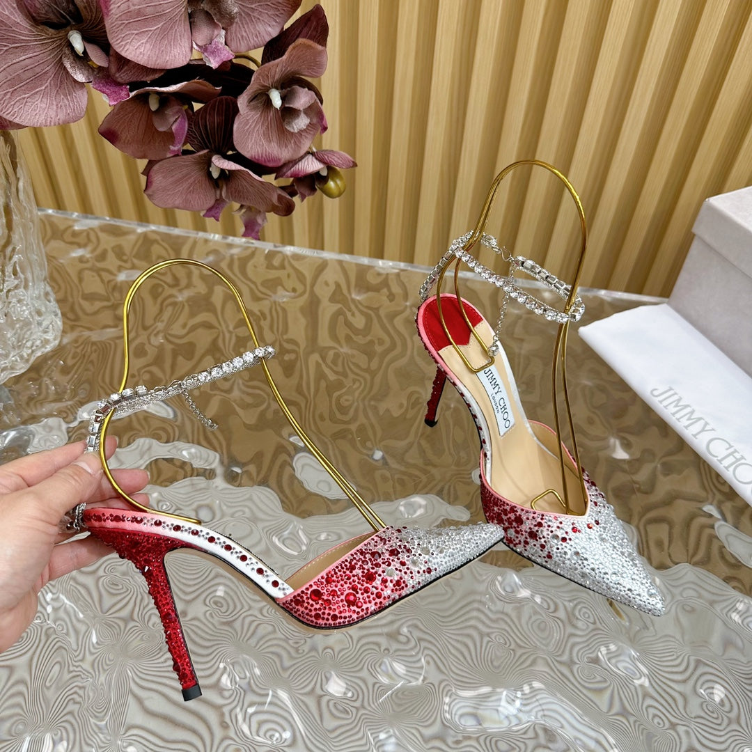 Jimmy Saeda 100mm In Red Satin Pumps With Crystal Embellishment 641076