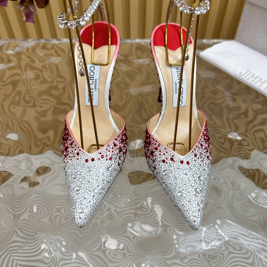 Jimmy Saeda 100mm In Red Satin Pumps With Crystal Embellishment 641076