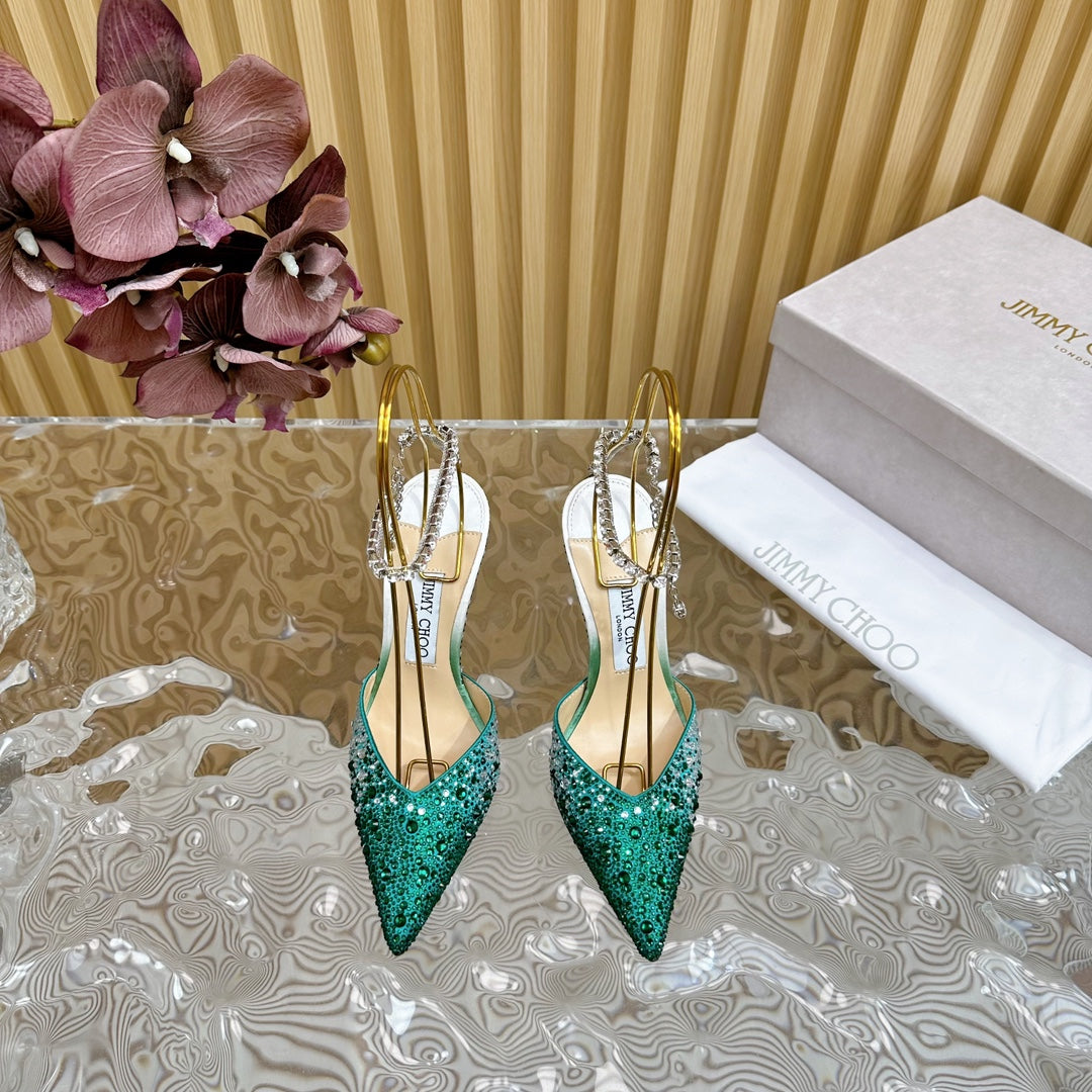 Jimmy Saeda 100mm In Dark Green Satin Pumps With Crystal Embellishment 641080