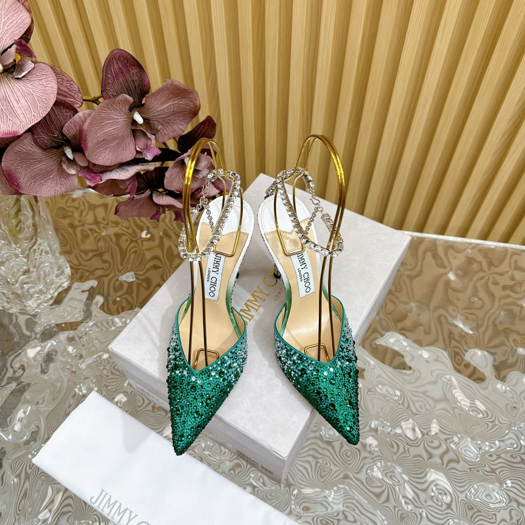 Jimmy Saeda 100mm In Dark Green Satin Pumps With Crystal Embellishment 641080