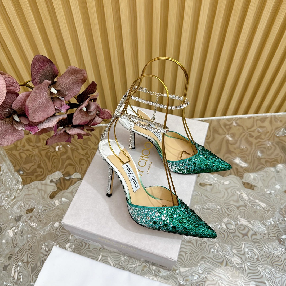 Jimmy Saeda 100mm In Dark Green Satin Pumps With Crystal Embellishment 641080