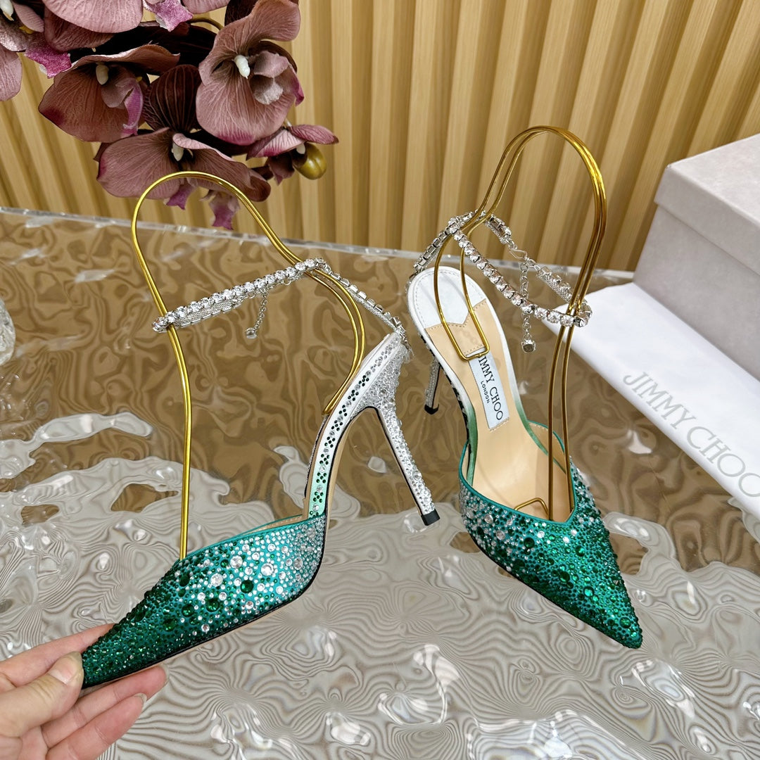 Jimmy Saeda 100mm In Dark Green Satin Pumps With Crystal Embellishment 641080