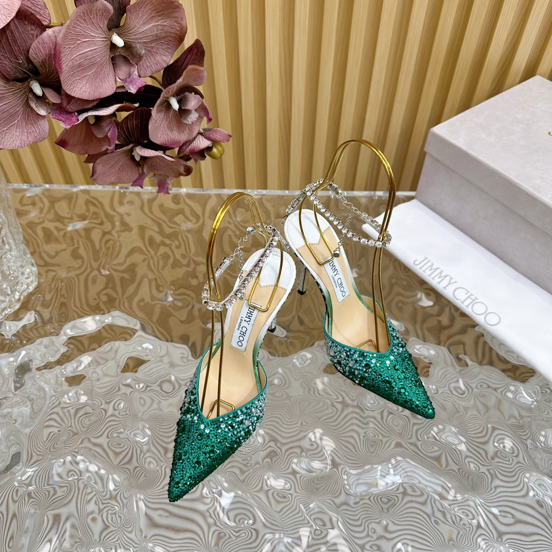 Jimmy Saeda 100mm In Dark Green Satin Pumps With Crystal Embellishment 641080