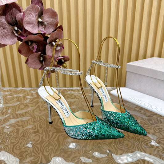 Jimmy Saeda 100mm In Dark Green Satin Pumps With Crystal Embellishment 641080