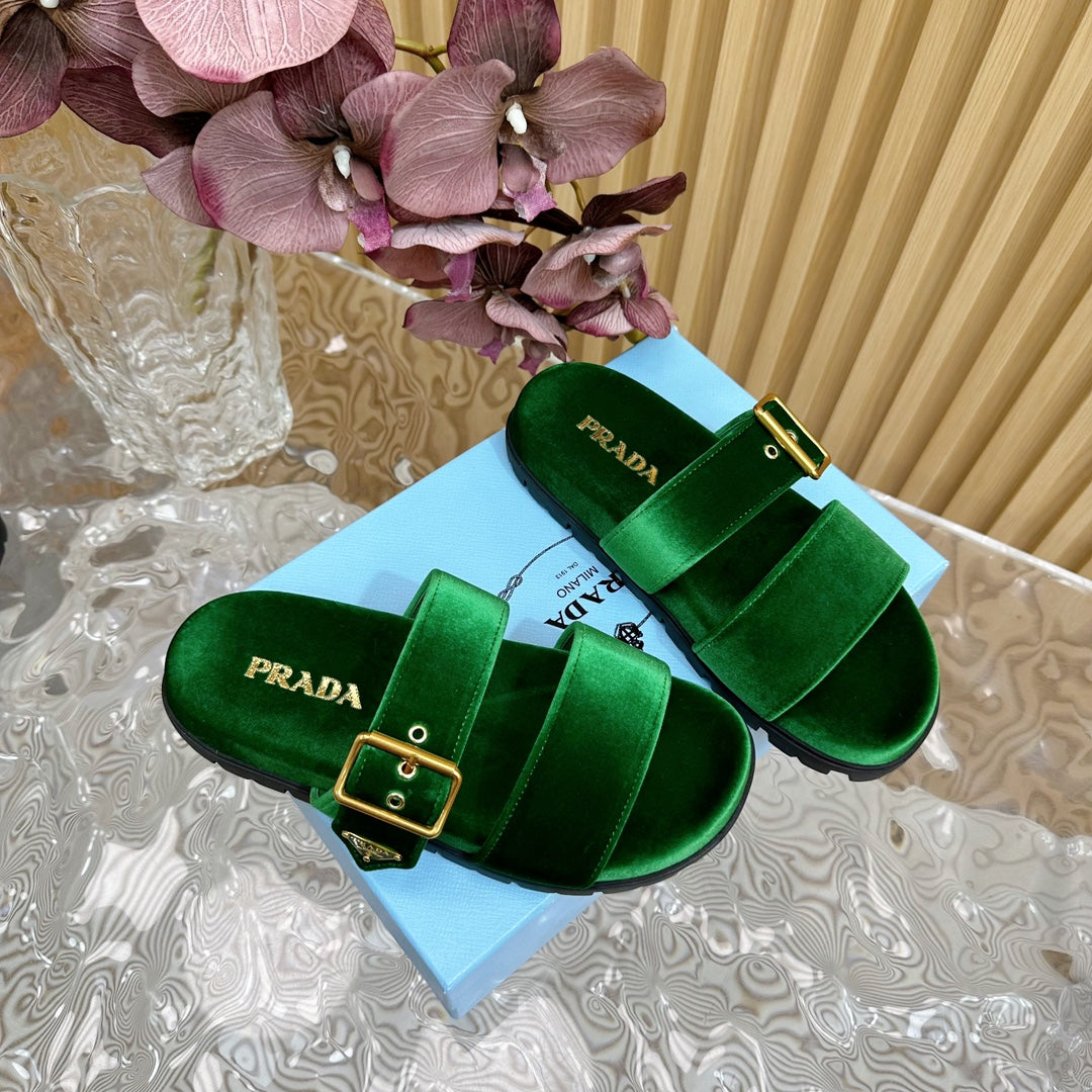 PRA SLIDES SANDALS DARK GREEN VELVET