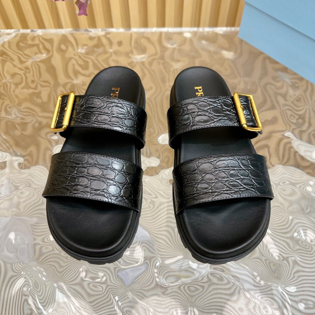 PRA CROCODILE MOTIF SLIDES SANDALS JET-BLACK CALFSKIN