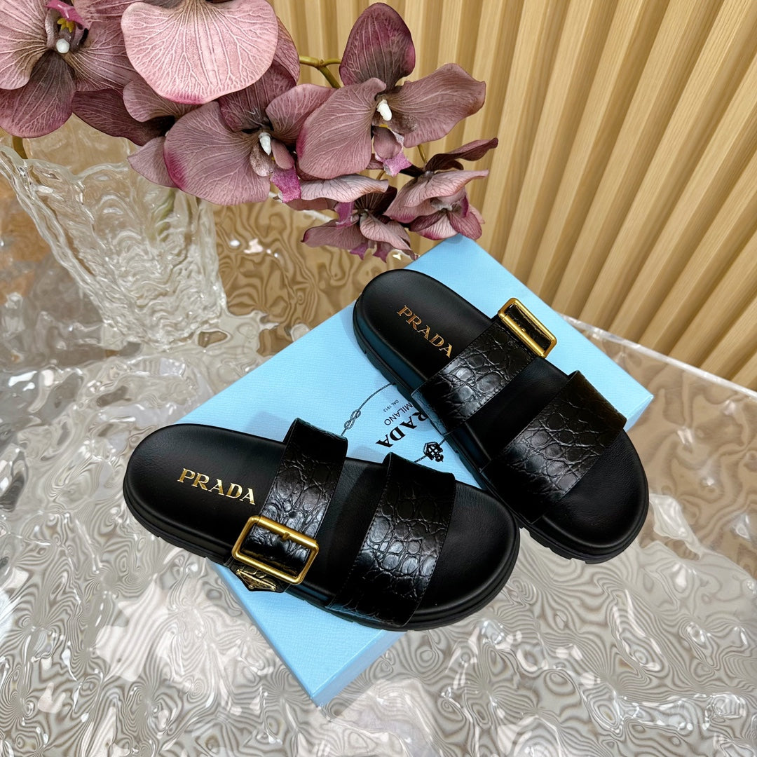 PRA CROCODILE MOTIF SLIDES SANDALS JET-BLACK CALFSKIN