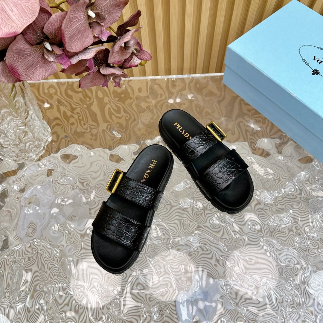 PRA CROCODILE MOTIF SLIDES SANDALS JET-BLACK CALFSKIN