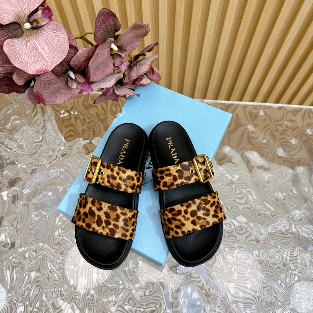 PRA LEOPARD MOTIF SLIDES SANDALS BLACK CALFSKIN