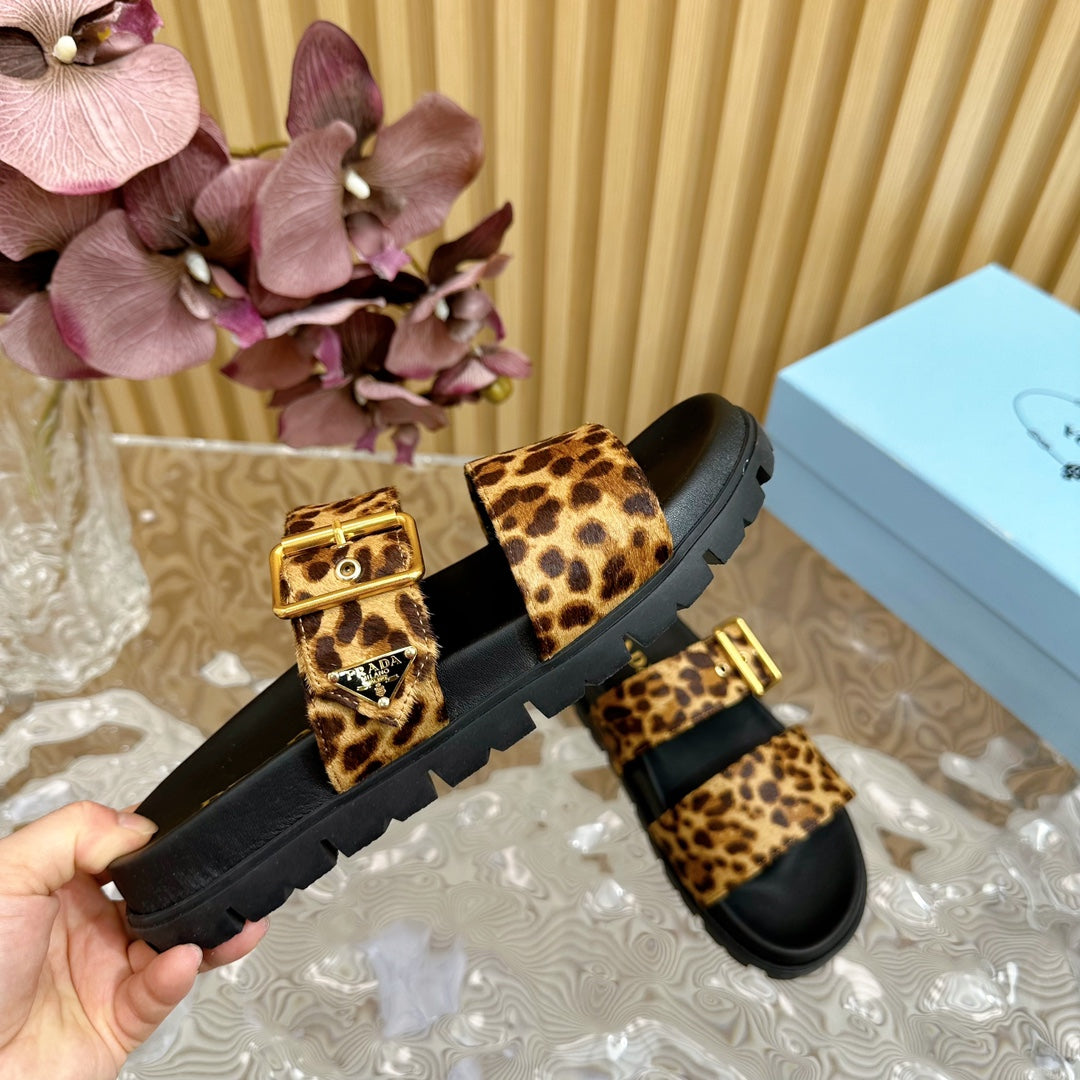 PRA LEOPARD MOTIF SLIDES SANDALS BLACK CALFSKIN