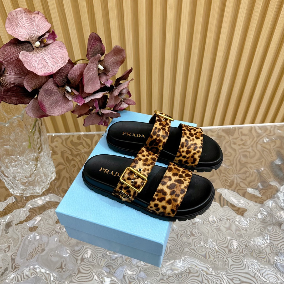 PRA LEOPARD MOTIF SLIDES SANDALS BLACK CALFSKIN