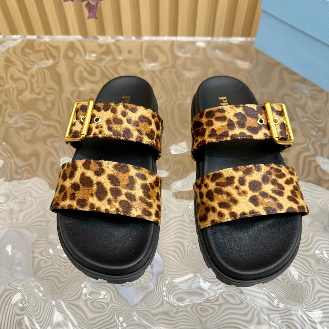 PRA LEOPARD MOTIF SLIDES SANDALS BLACK CALFSKIN