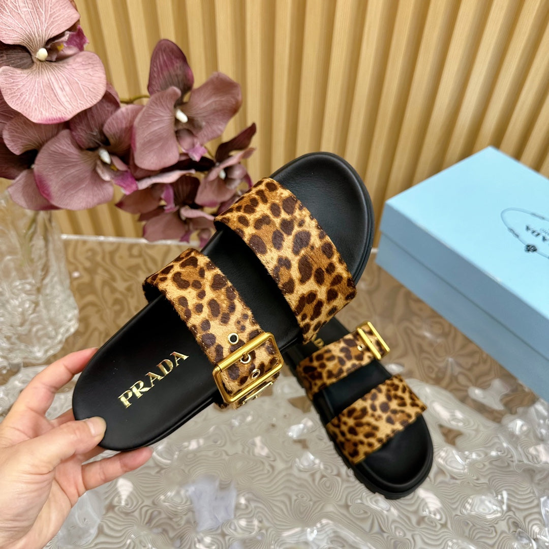 PRA LEOPARD MOTIF SLIDES SANDALS BLACK CALFSKIN