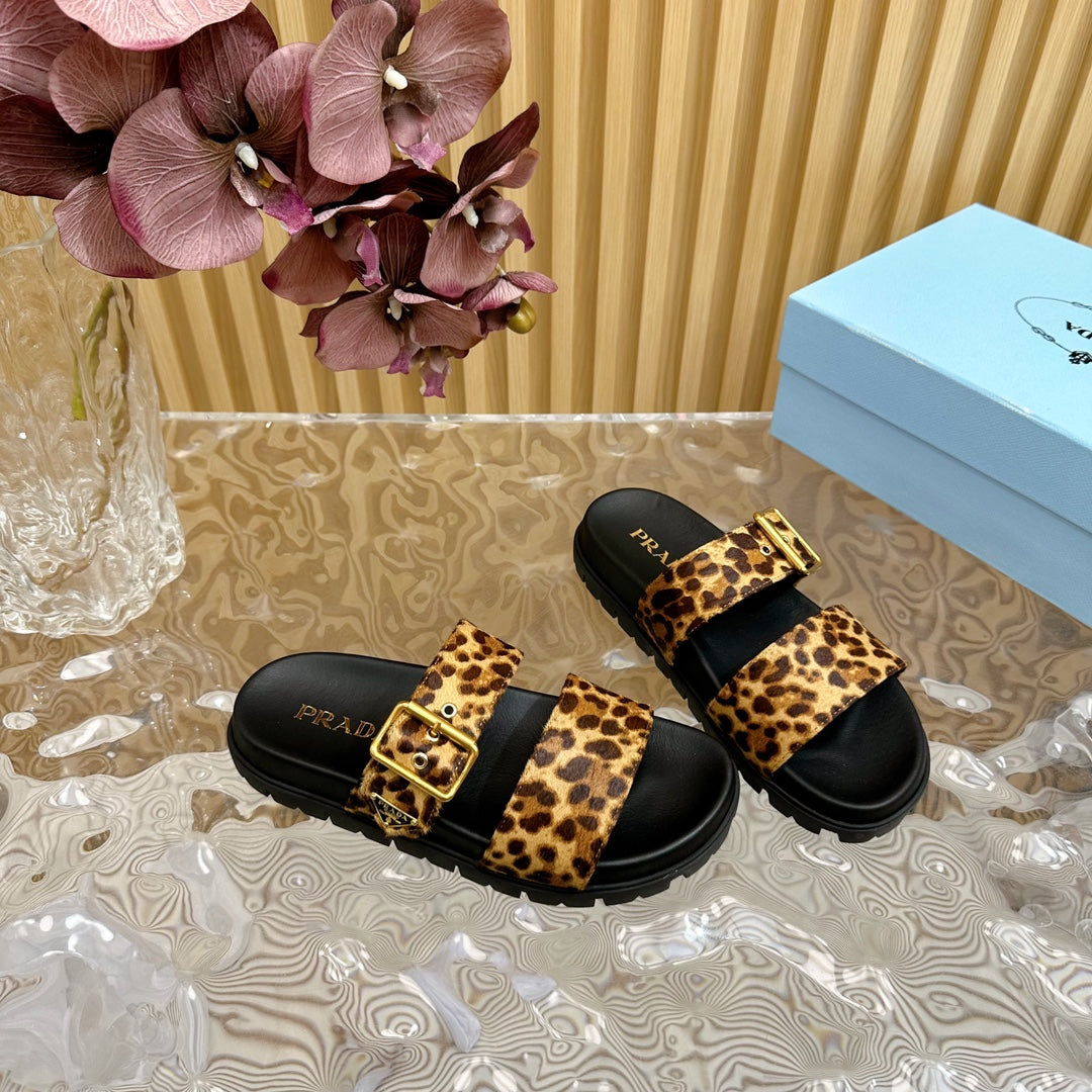 PRA LEOPARD MOTIF SLIDES SANDALS BLACK CALFSKIN