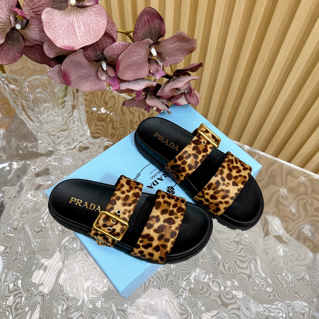 PRA LEOPARD MOTIF SLIDES SANDALS BLACK CALFSKIN