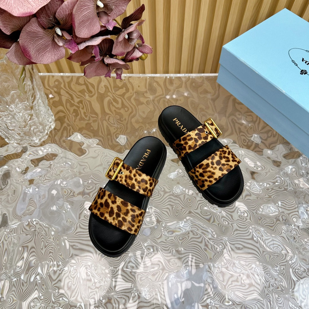 PRA LEOPARD MOTIF SLIDES SANDALS BLACK CALFSKIN