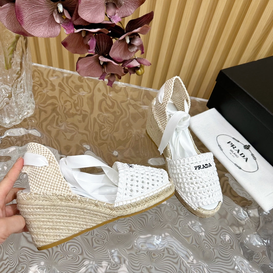 PRA ESPADRILLE WEDGE SANDALS WHITE RAFFIA