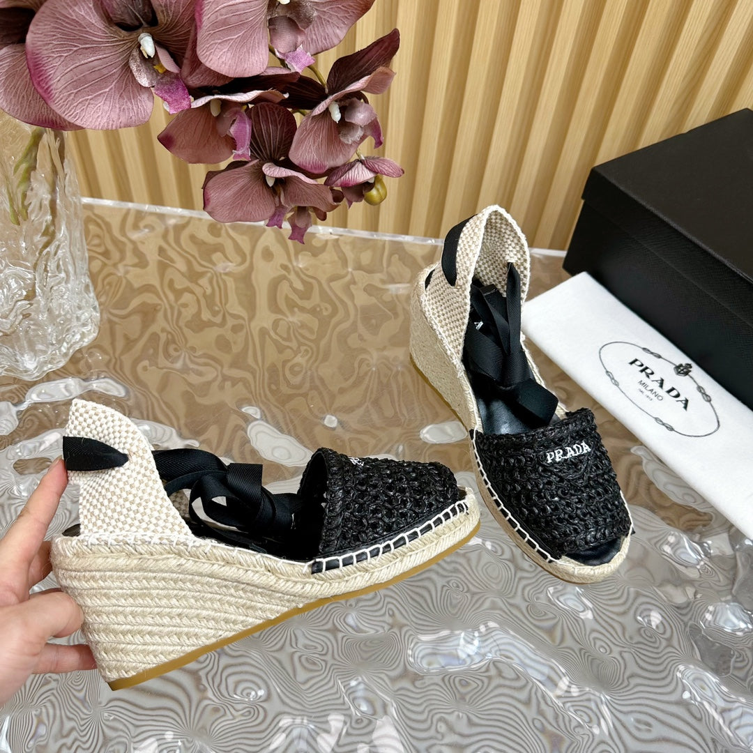 PRA ESPADRILLE WEDGE SANDALS BLACK RAFFIA