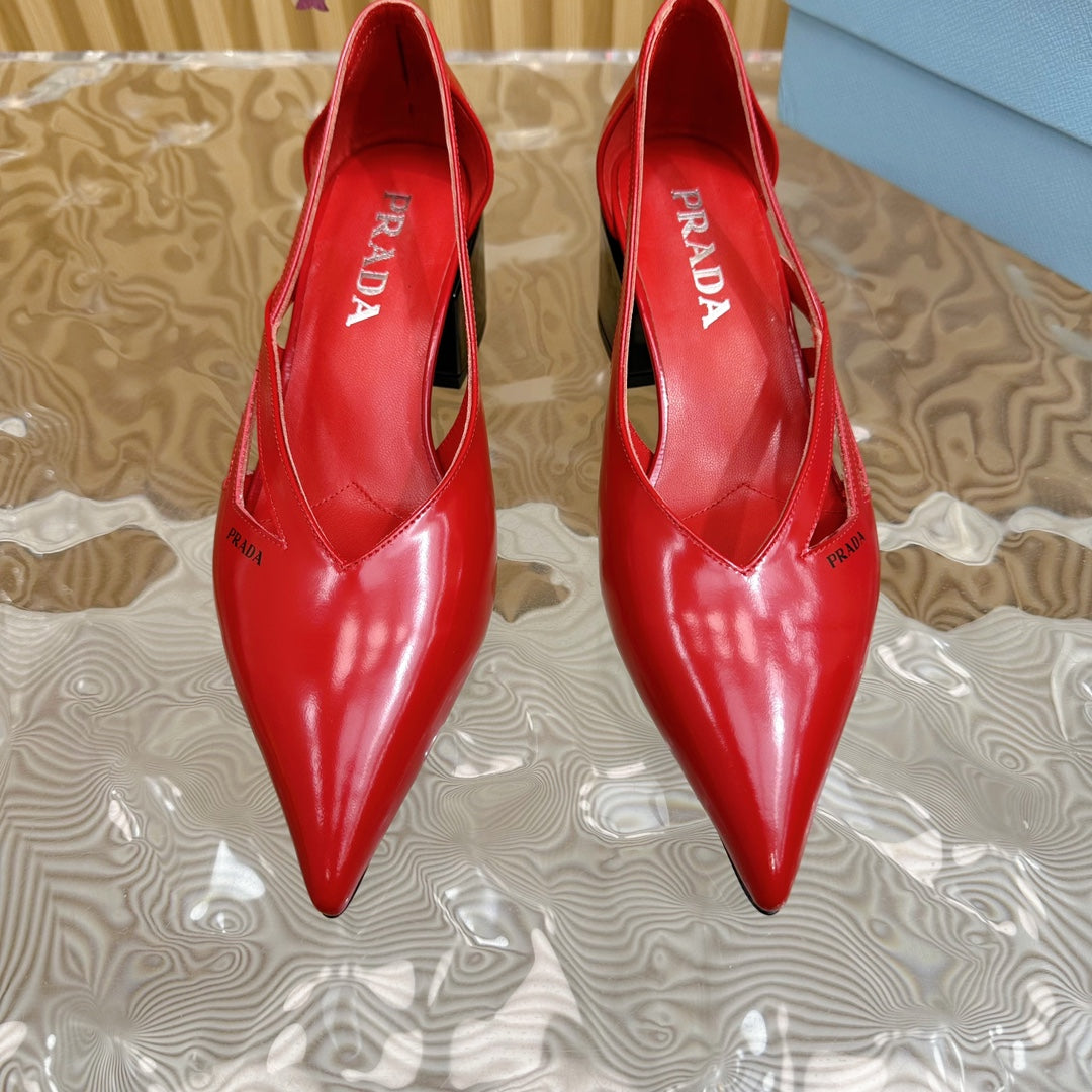 PRA STRAP CUT-OUT PUMPS CRIMSON CALFSKIN