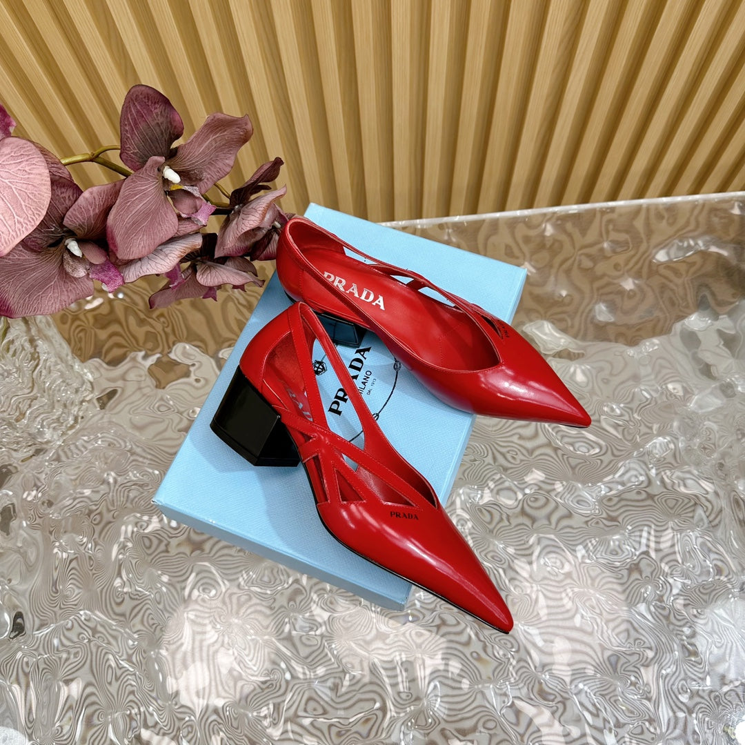 PRA STRAP CUT-OUT PUMPS CRIMSON CALFSKIN