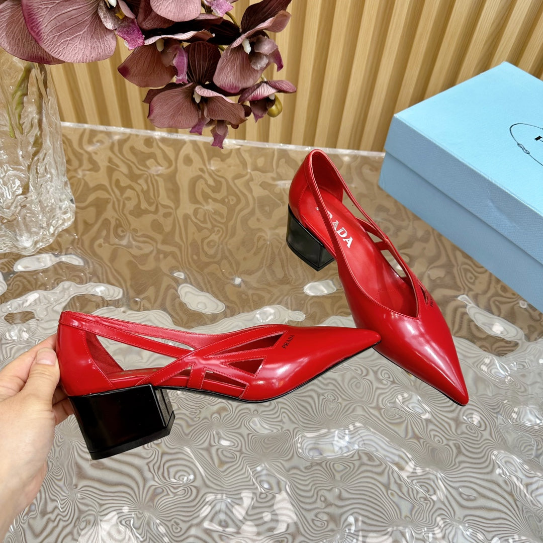 PRA STRAP CUT-OUT PUMPS CRIMSON CALFSKIN