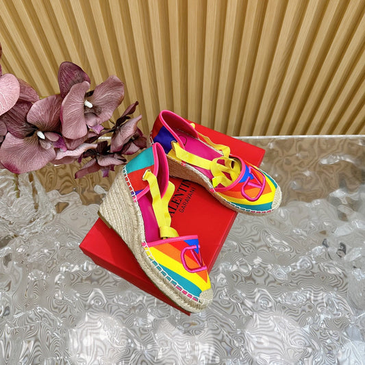 Valentino Wedge High Heel Lace-Up Sandals 85mm In Colorful Canvas Fabric And Raffia 814621