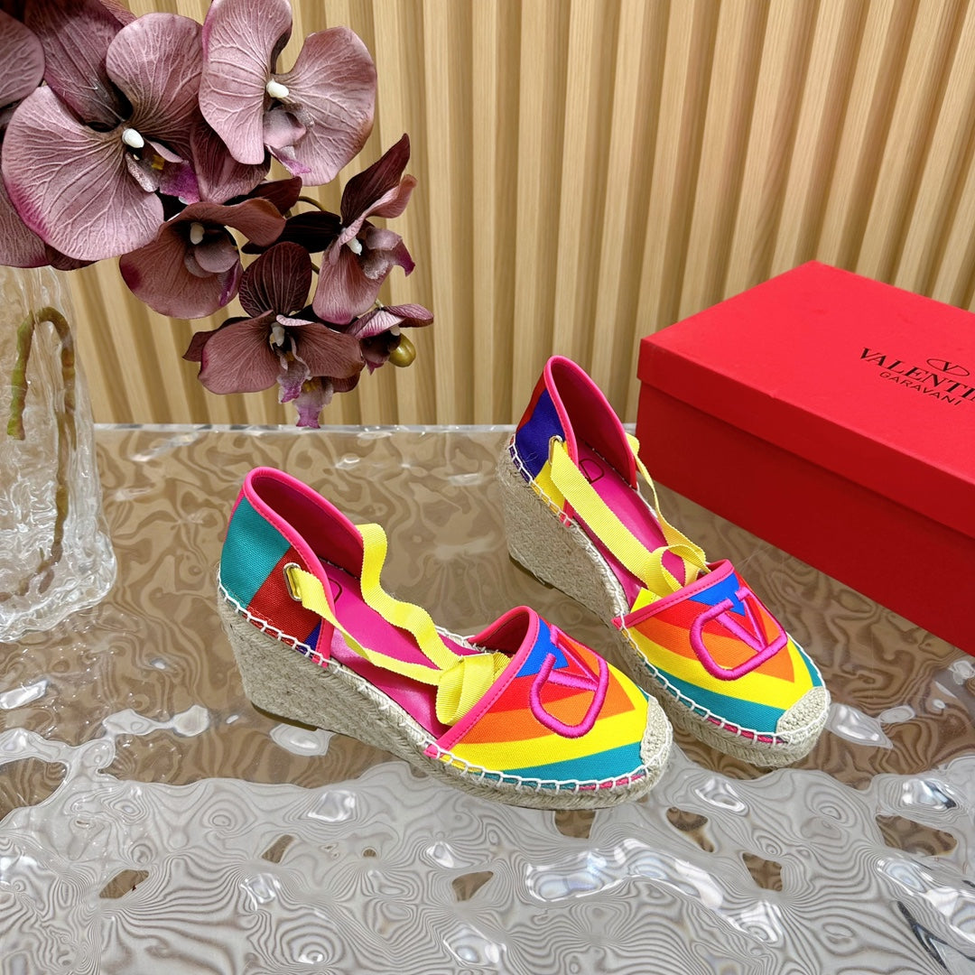 Valentino Wedge High Heel Lace-Up Sandals 85mm In Colorful Canvas Fabric And Raffia 814621