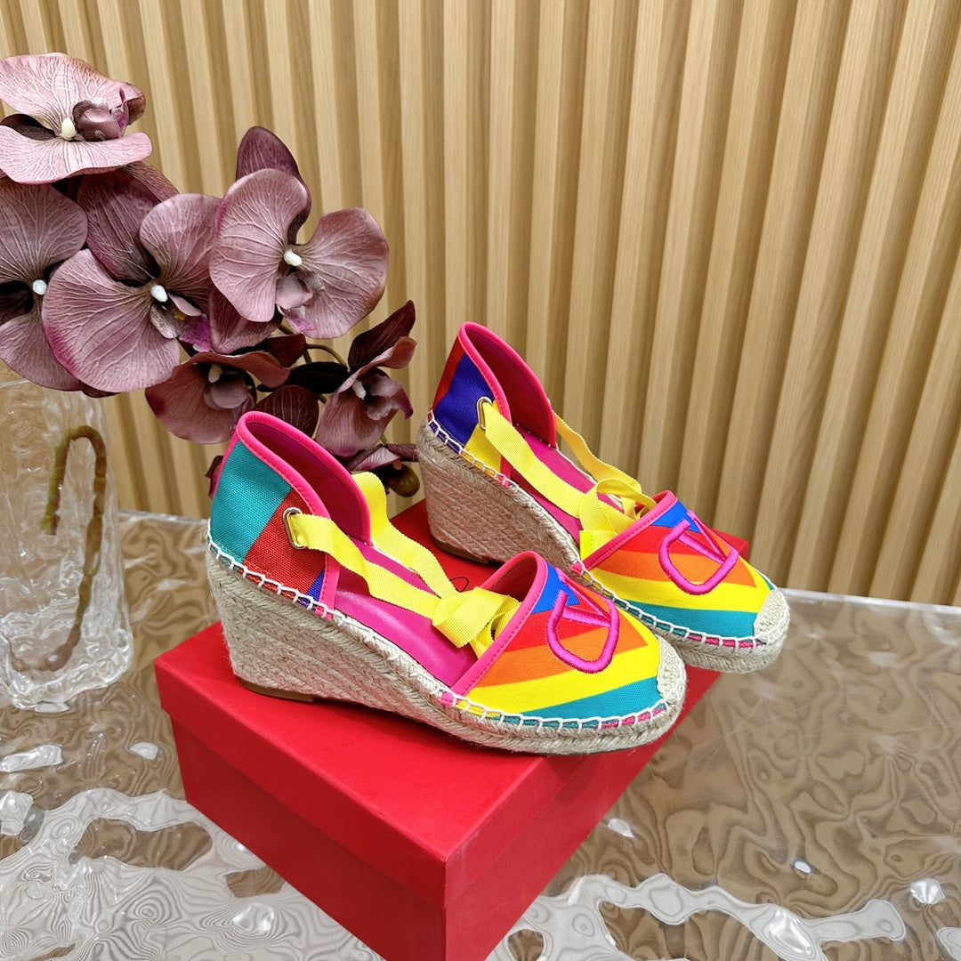 Valentino Wedge High Heel Lace-Up Sandals 85mm In Colorful Canvas Fabric And Raffia 814621