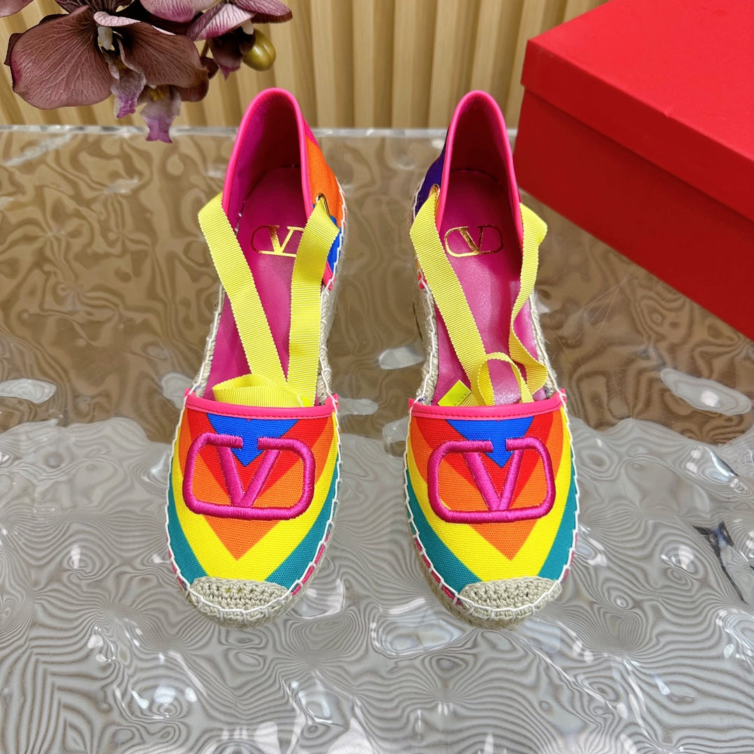 Valentino Wedge High Heel Lace-Up Sandals 85mm In Colorful Canvas Fabric And Raffia 814621