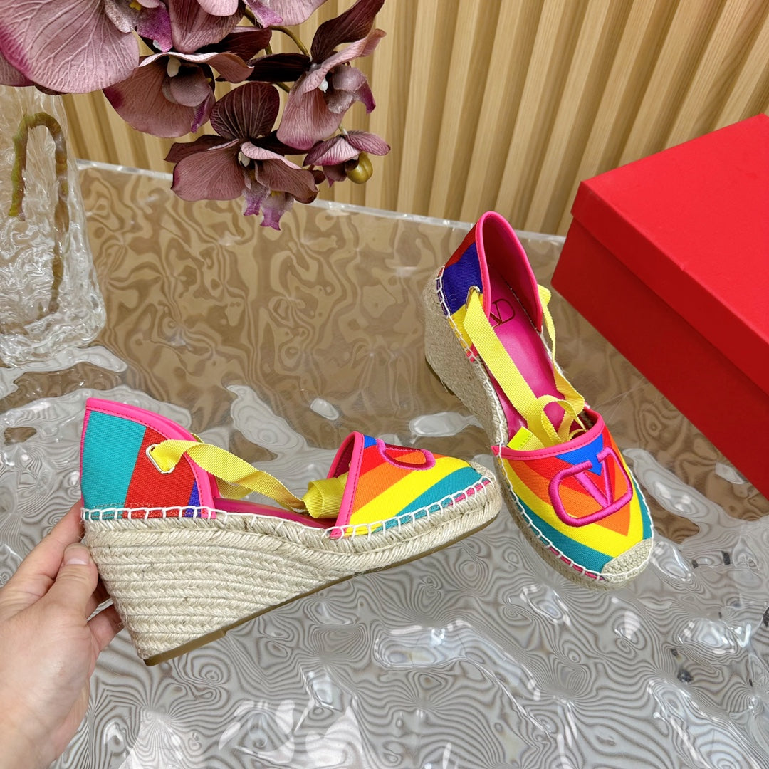 Valentino Wedge High Heel Lace-Up Sandals 85mm In Colorful Canvas Fabric And Raffia 814621