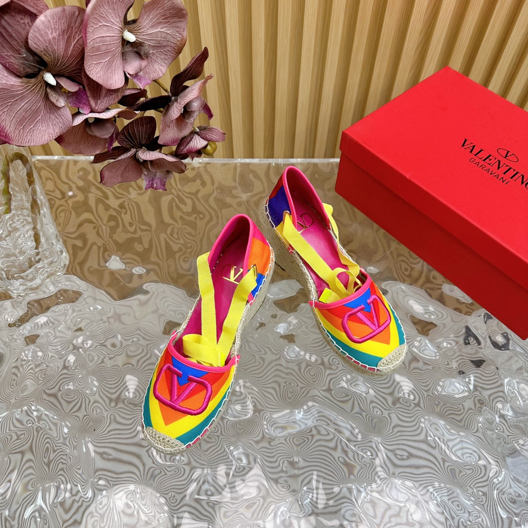 Valentino Wedge High Heel Lace-Up Sandals 85mm In Colorful Canvas Fabric And Raffia 814621