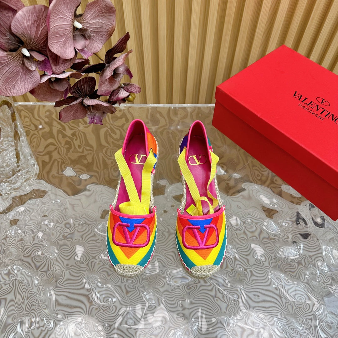 Valentino Wedge High Heel Lace-Up Sandals 85mm In Colorful Canvas Fabric And Raffia 814621