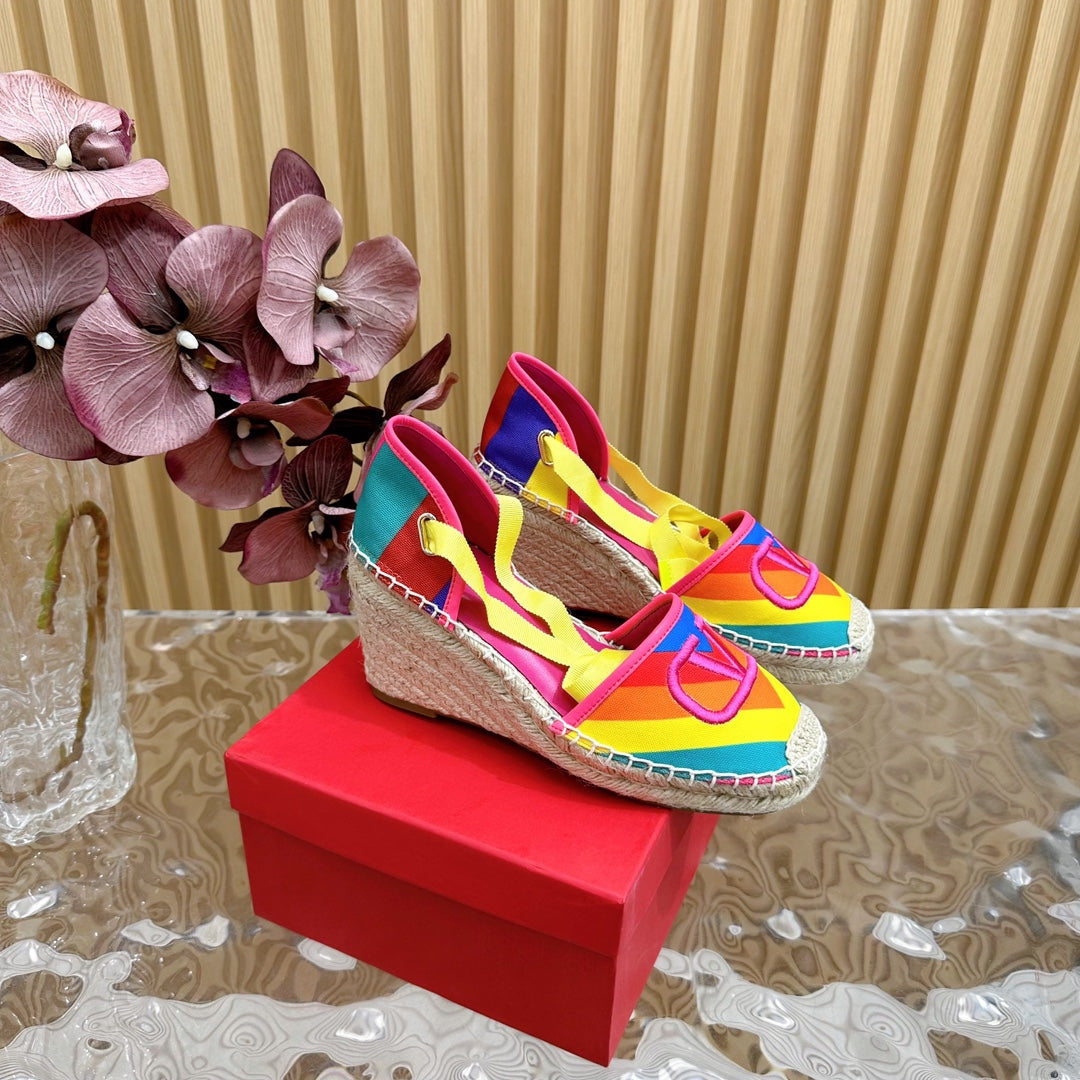 Valentino Wedge High Heel Lace-Up Sandals 85mm In Colorful Canvas Fabric And Raffia 814621