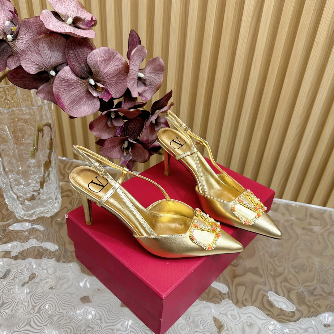 VLOGO SIGNATURE SLINGBACK PUMP 80 MM IN GOLD CALFSKIN