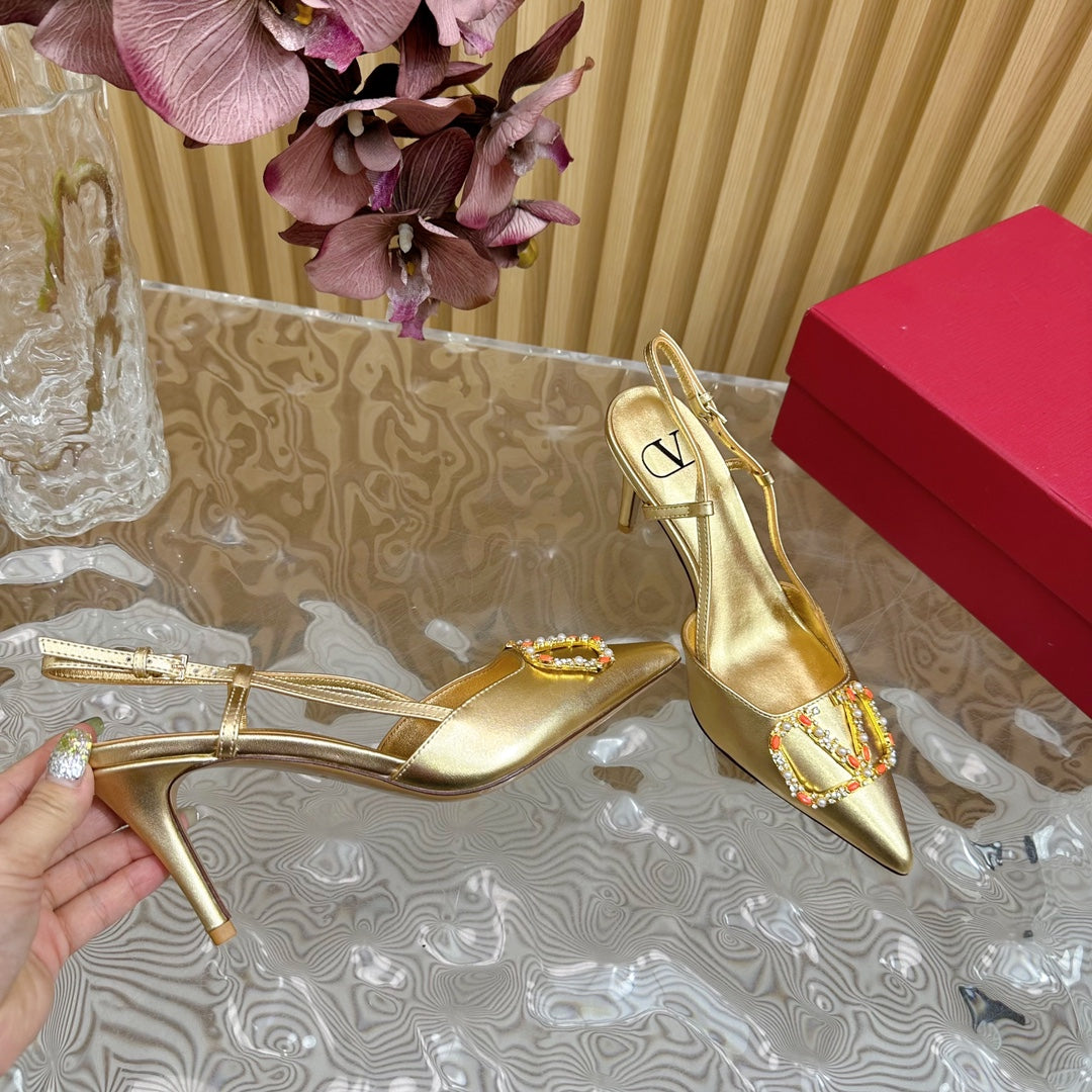 VLOGO SIGNATURE SLINGBACK PUMP 80 MM IN GOLD CALFSKIN