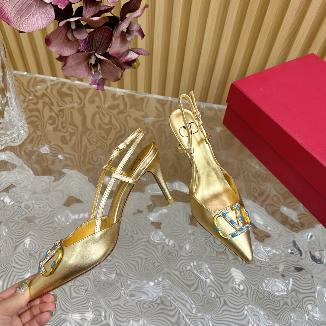 VLOGO SIGNATURE GOLD CALFSKIN SLINGBACK PUMP 80 MM