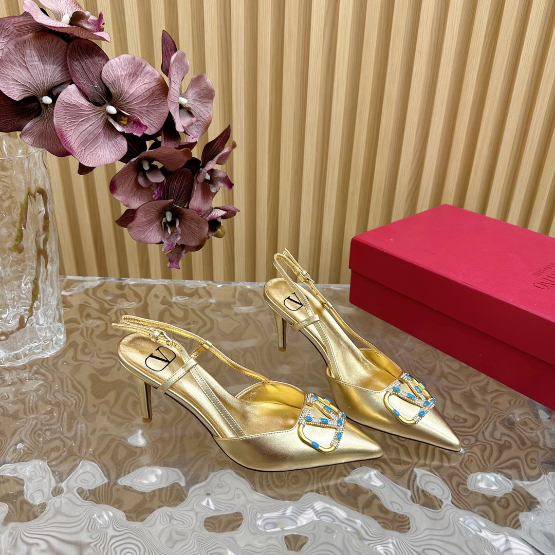 VLOGO SIGNATURE GOLD CALFSKIN SLINGBACK PUMP 80 MM