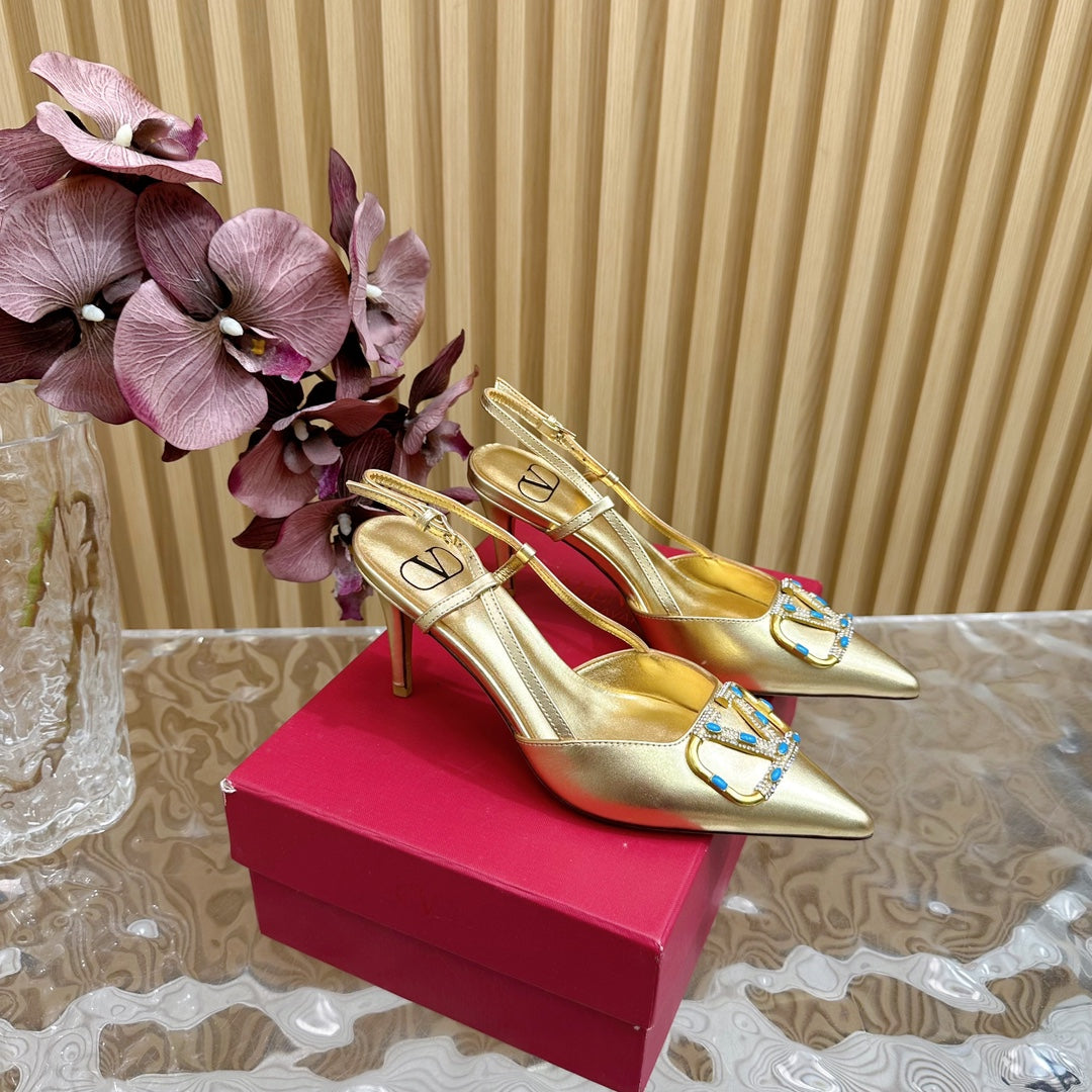 VLOGO SIGNATURE GOLD CALFSKIN SLINGBACK PUMP 80 MM