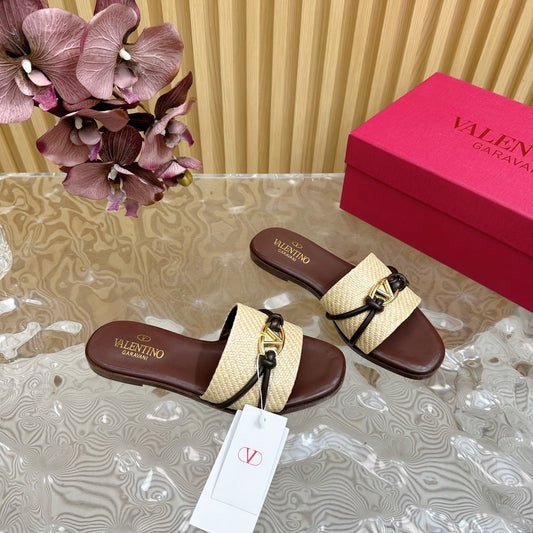 VLogo Raffia-Trimmed Leather Slides In Brown Chocolate Mix Beige Sedge Weaving Yarn And Lambskin 102813