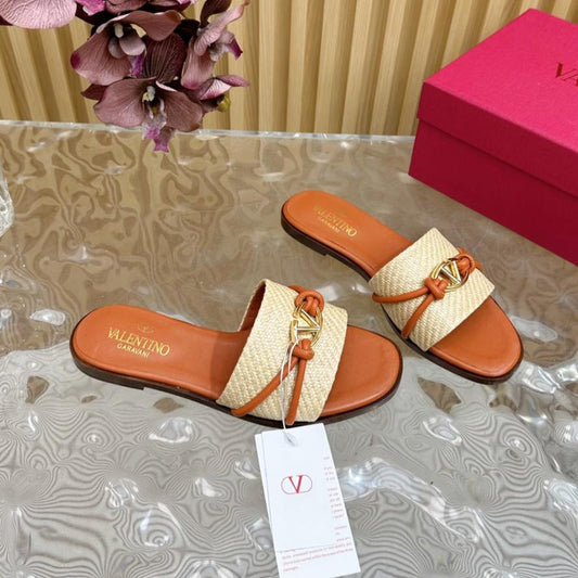 VLogo Raffia-Trimmed Leather Slides In Brown Orange Mix Beige Sedge Weaving Yarn And Lambskin 102815