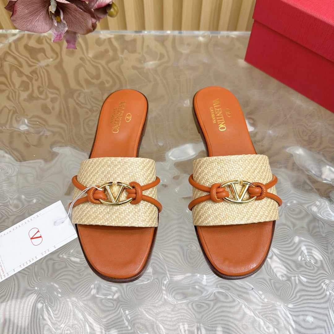 VLogo Raffia-Trimmed Leather Slides In Brown Orange Mix Beige Sedge Weaving Yarn And Lambskin 102815